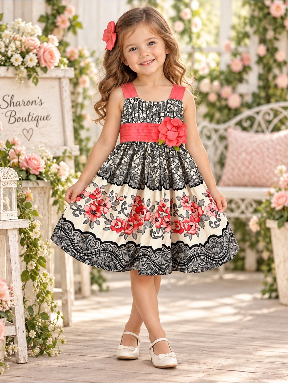 Jessica B Girls 4T Coral Black Floral Party Dress Flower Bow Excellent Condition